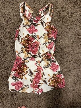 Girl’s Floral Tank Romper in White with Pink Floral Print